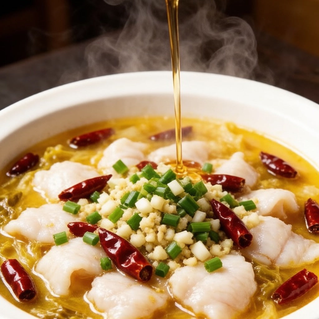 Poached basa slices in chilli broth