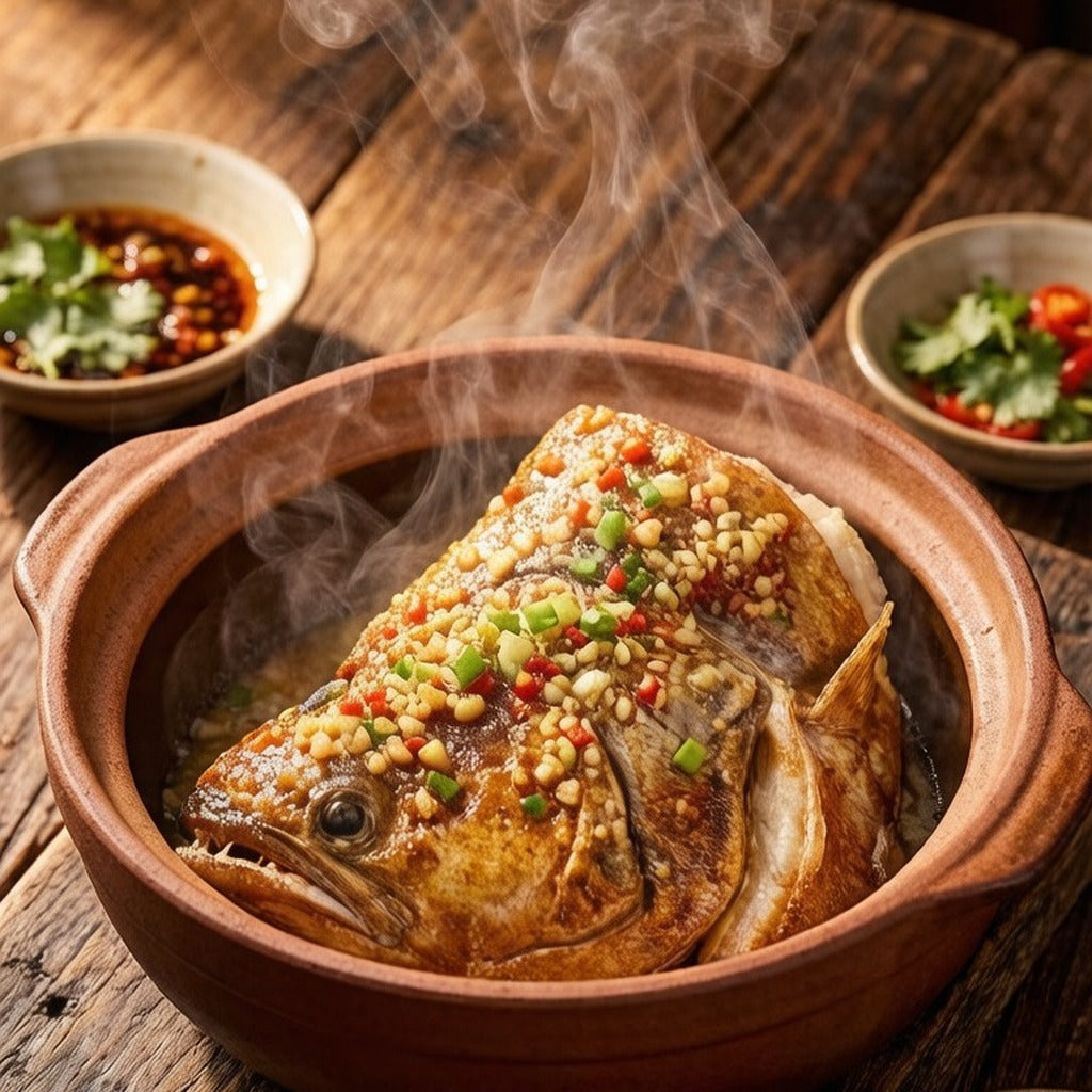 Braised flatfish head in a clay pot
