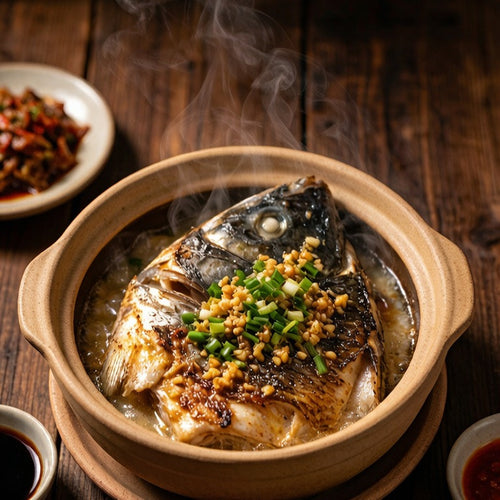 Steamed flatfish head with chilli and scallion