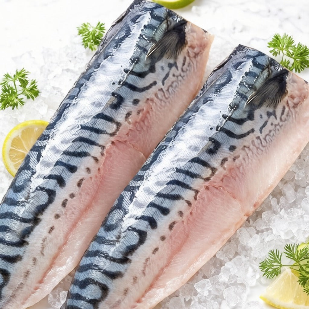 Raw mackerel fillets with striped skin on ice