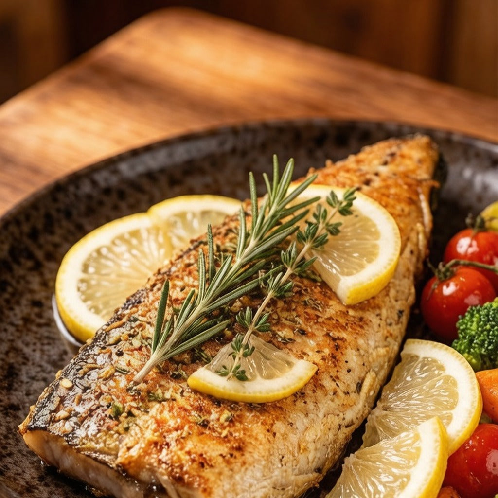 Pan-seared mackerel fillet with lemon and rosemary