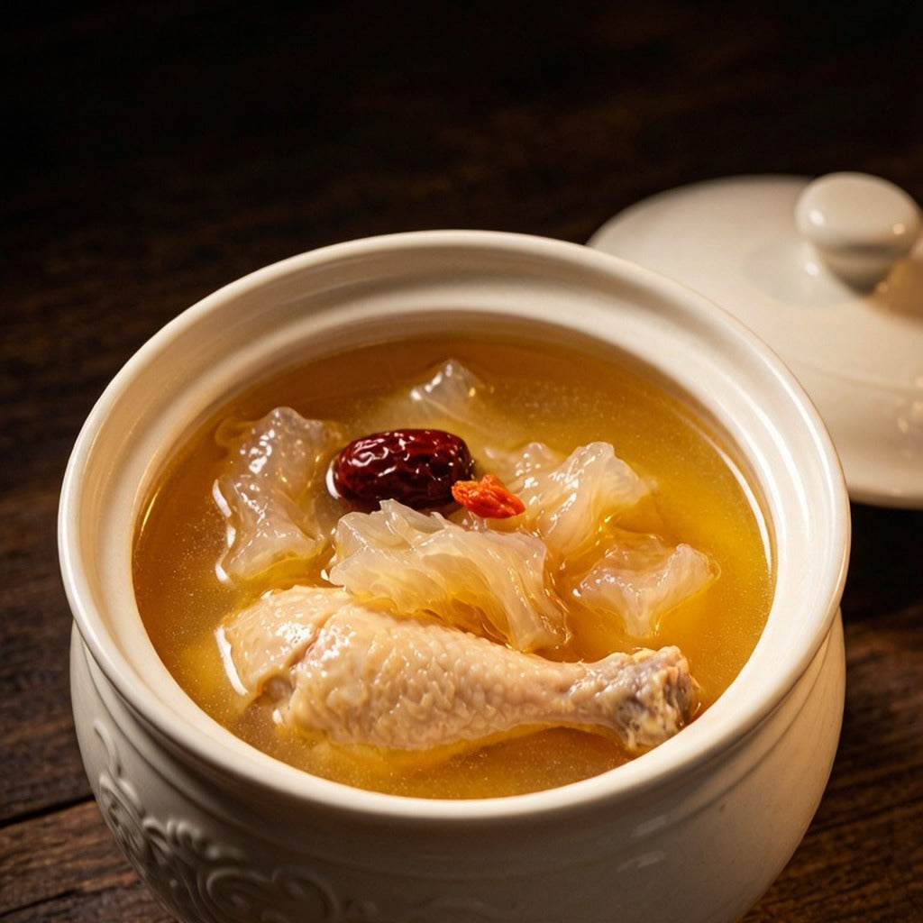 Fish maw and ginger broth in a ceramic pot