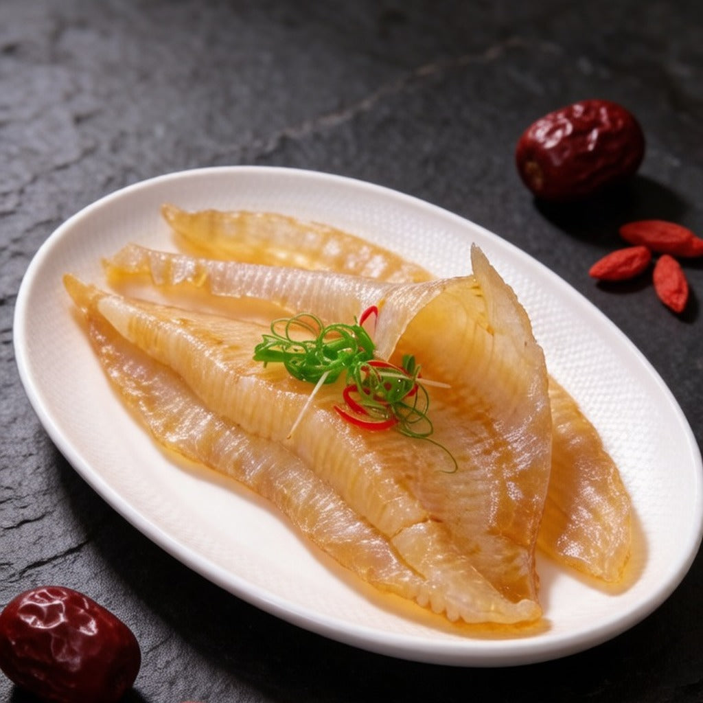 Rehydrated fish maw pieces on a plate