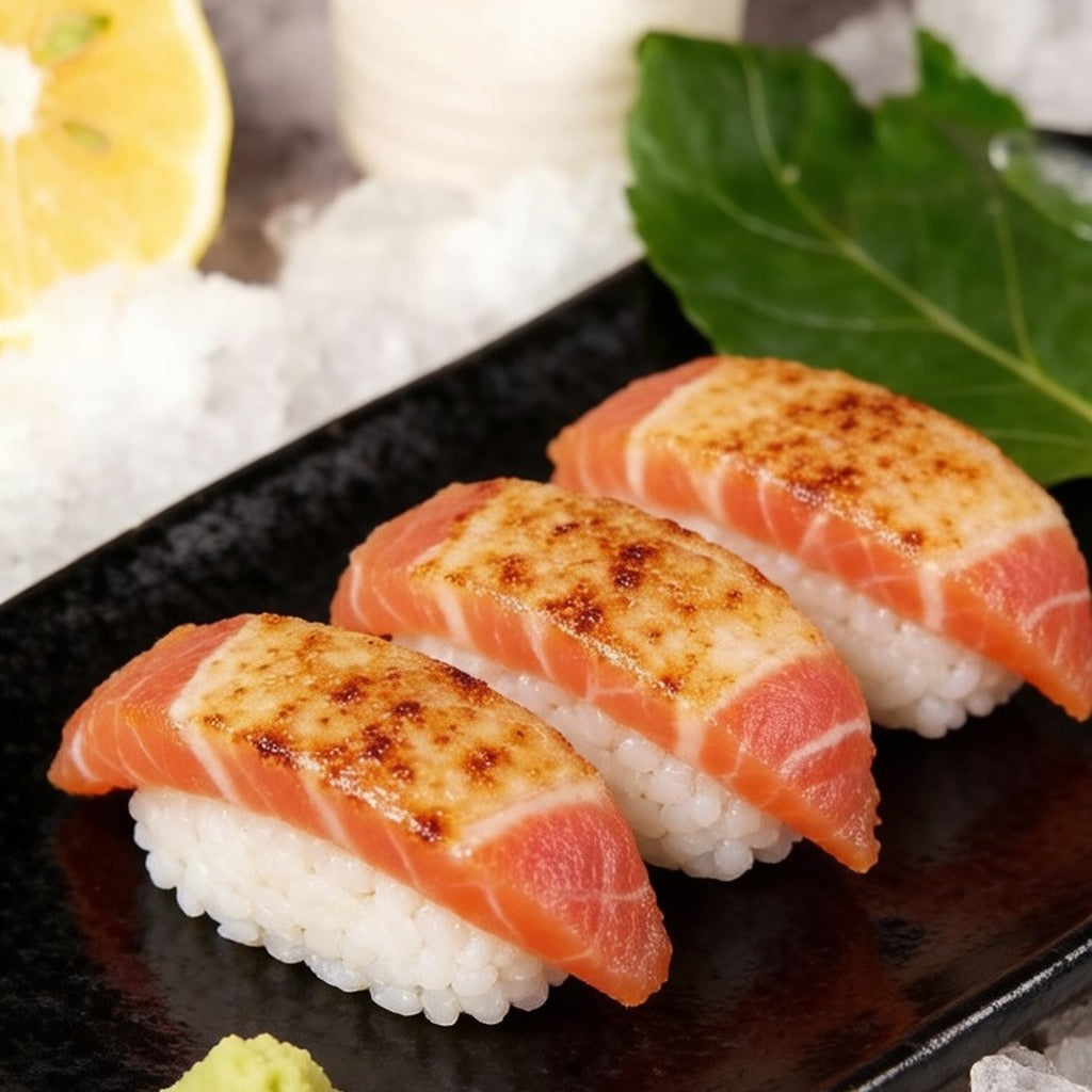 Seared tuna nigiri on a slate board
